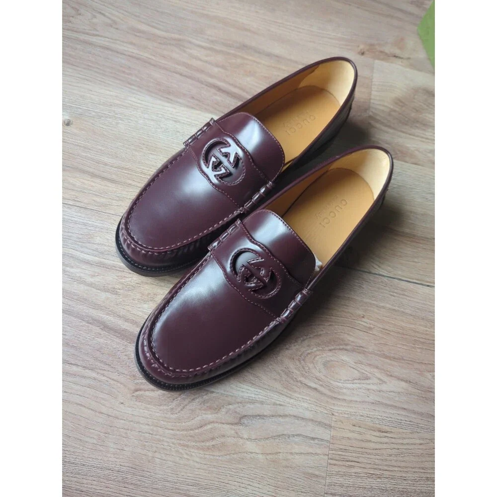Gucci GG Interlocking Leather Loafers Bordeaux Mens 10